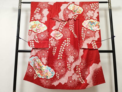 平和屋着物[]七五三　女の子　７歳　祝着　四つ身　絞り　雲取り鞠花文　金彩　逸品　DABE7306ma