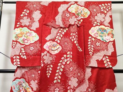 平和屋着物[]七五三　女の子　７歳　祝着　四つ身　絞り　雲取り鞠花文　金彩　逸品　DABE7306ma