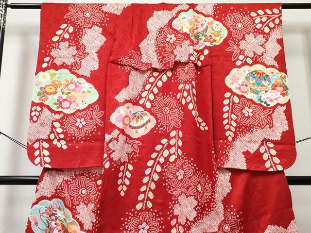 平和屋着物[]七五三　女の子　７歳　祝着　四つ身　絞り　雲取り鞠花文　金彩　逸品　DABE7306ma