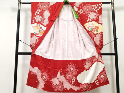 平和屋着物[]七五三　女の子　７歳　祝着　四つ身　絞り　雲取り鞠花文　金彩　逸品　DABE7306ma