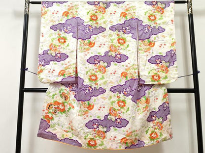 平和屋着物[]七五三　女の子　７歳　祝着　四つ身　駒刺繍　鼓牡丹花文　金彩　DABE7310ma