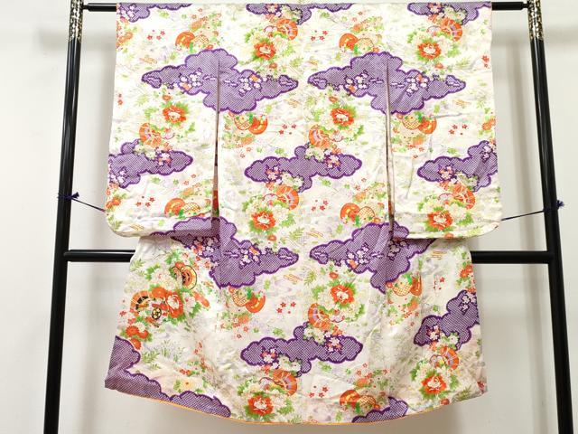 平和屋着物[]七五三　女の子　７歳　祝着　四つ身　駒刺繍　鼓牡丹花文　金彩　DABE7310ma