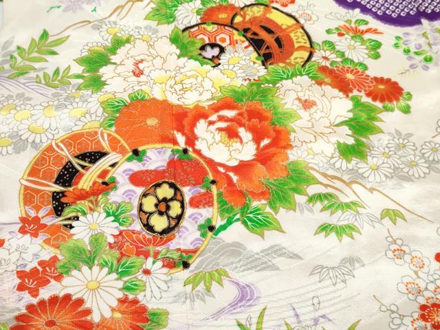 平和屋着物[]七五三　女の子　７歳　祝着　四つ身　駒刺繍　鼓牡丹花文　金彩　DABE7310ma