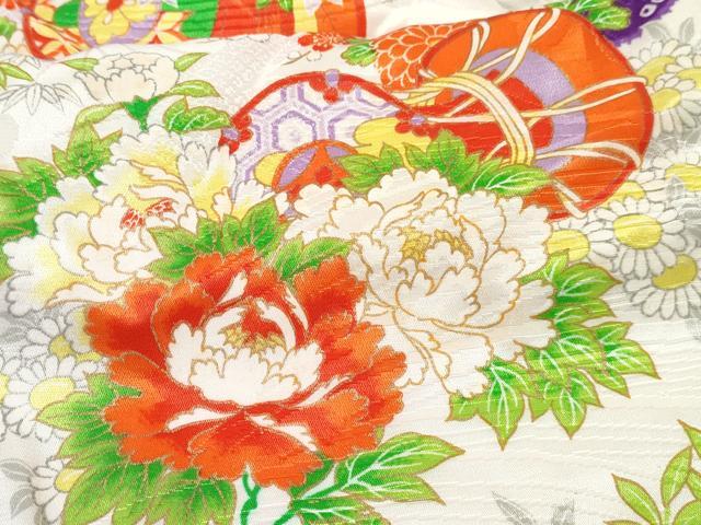 平和屋着物[]七五三　女の子　７歳　祝着　四つ身　駒刺繍　鼓牡丹花文　金彩　DABE7310ma