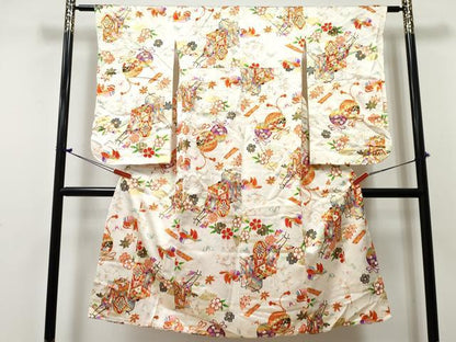 平和屋着物[]七五三　女の子　７歳　祝着　四つ身　御所車鴛鴦花文　金彩　逸品　DABE7311ma