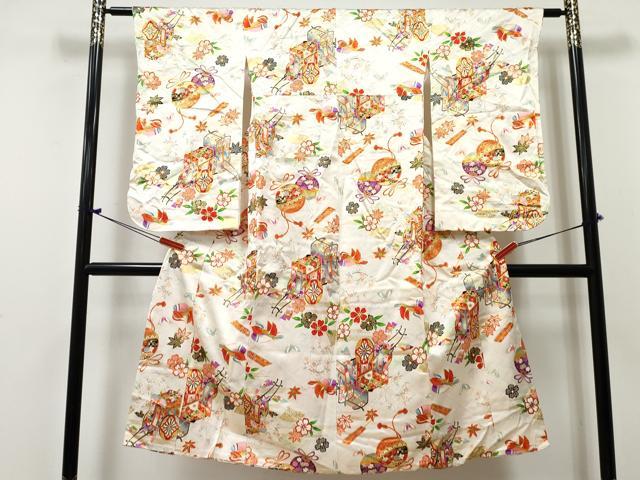 平和屋着物[]七五三　女の子　７歳　祝着　四つ身　御所車鴛鴦花文　金彩　逸品　DABE7311ma
