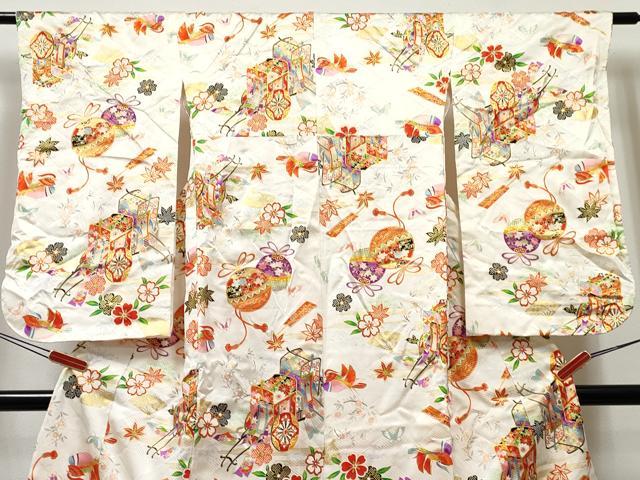 平和屋着物[]七五三　女の子　７歳　祝着　四つ身　御所車鴛鴦花文　金彩　逸品　DABE7311ma