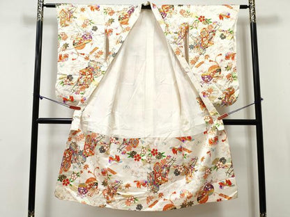 平和屋着物[]七五三　女の子　７歳　祝着　四つ身　御所車鴛鴦花文　金彩　逸品　DABE7311ma