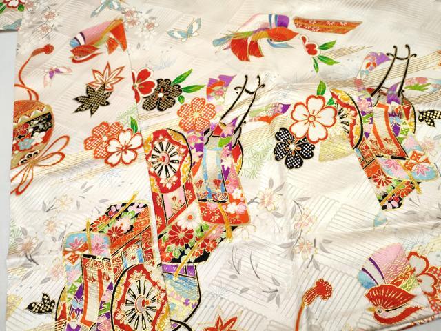 平和屋着物[]七五三　女の子　７歳　祝着　四つ身　御所車鴛鴦花文　金彩　逸品　DABE7311ma