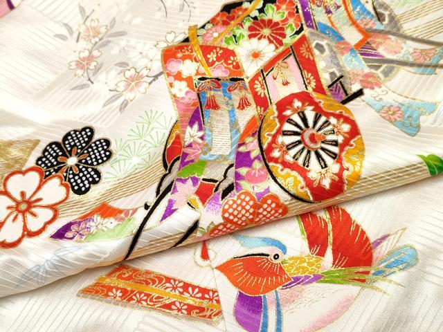 平和屋着物[]七五三　女の子　７歳　祝着　四つ身　御所車鴛鴦花文　金彩　逸品　DABE7311ma
