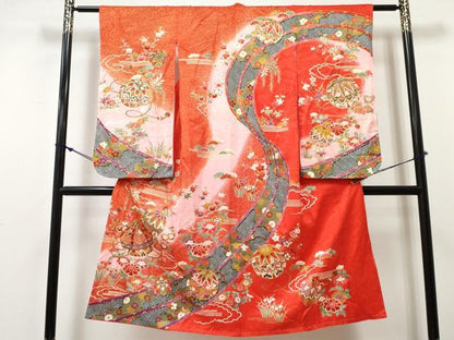 平和屋着物[]七五三　女の子　７歳　祝着　四つ身　鞠花文　暈し染め　金彩　逸品　DABE7312ma