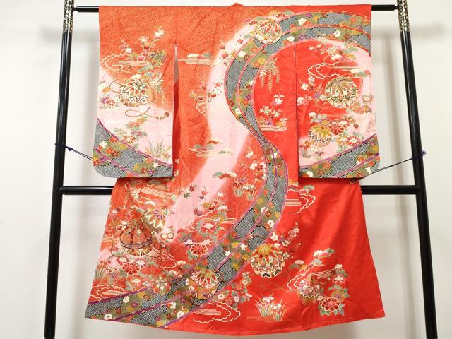 平和屋着物[]七五三　女の子　７歳　祝着　四つ身　鞠花文　暈し染め　金彩　逸品　DABE7312ma