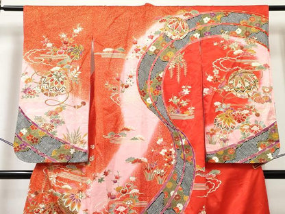 平和屋着物[]七五三　女の子　７歳　祝着　四つ身　鞠花文　暈し染め　金彩　逸品　DABE7312ma