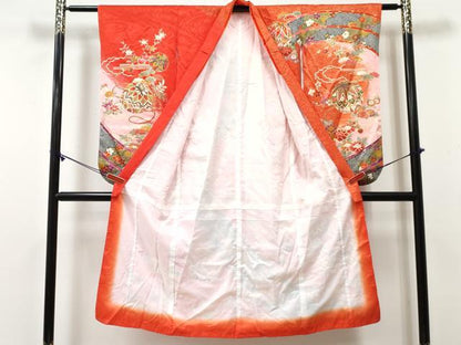 平和屋着物[]七五三　女の子　７歳　祝着　四つ身　鞠花文　暈し染め　金彩　逸品　DABE7312ma