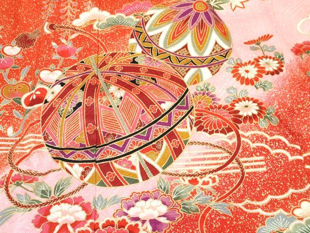 平和屋着物[]七五三　女の子　７歳　祝着　四つ身　鞠花文　暈し染め　金彩　逸品　DABE7312ma