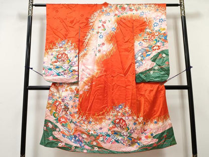 平和屋着物[]七五三　女の子　７歳　祝着　四つ身　花蝶文　暈し染め　金彩　逸品　DABE7313ma