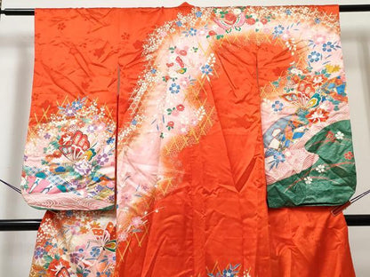 平和屋着物[]七五三　女の子　７歳　祝着　四つ身　花蝶文　暈し染め　金彩　逸品　DABE7313ma