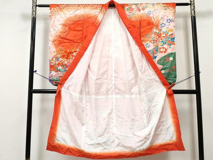 平和屋着物[]七五三　女の子　７歳　祝着　四つ身　花蝶文　暈し染め　金彩　逸品　DABE7313ma