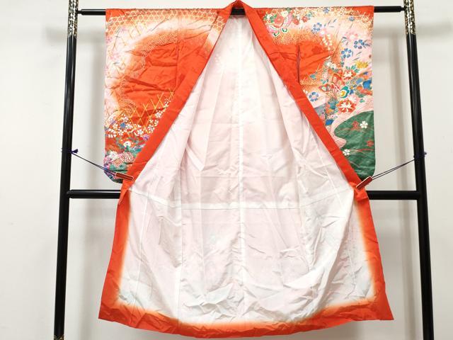 平和屋着物[]七五三　女の子　７歳　祝着　四つ身　花蝶文　暈し染め　金彩　逸品　DABE7313ma