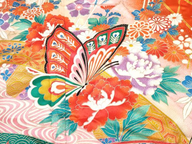 平和屋着物[]七五三　女の子　７歳　祝着　四つ身　花蝶文　暈し染め　金彩　逸品　DABE7313ma