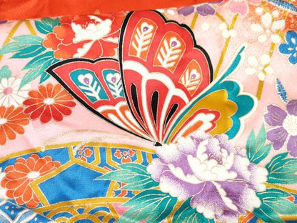 平和屋着物[]七五三　女の子　７歳　祝着　四つ身　花蝶文　暈し染め　金彩　逸品　DABE7313ma