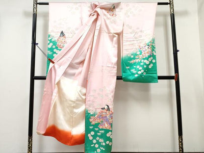 平和屋着物[]七五三　女の子　子供　祝着　駒刺繍　童子花文　暈し染め　金彩　仮絵羽　逸品　未使用　DABE7316ma