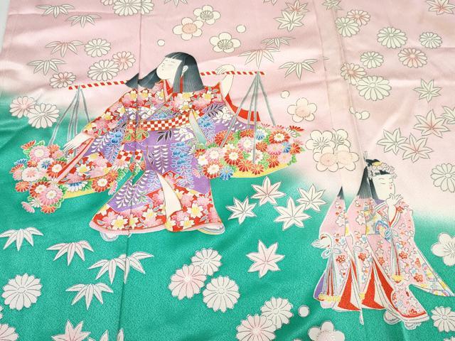 平和屋着物[]七五三　女の子　子供　祝着　駒刺繍　童子花文　暈し染め　金彩　仮絵羽　逸品　未使用　DABE7316ma