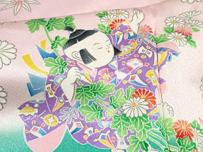 平和屋着物[]七五三　女の子　子供　祝着　駒刺繍　童子花文　暈し染め　金彩　仮絵羽　逸品　未使用　DABE7316ma