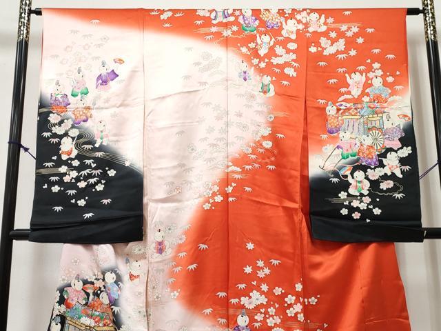 平和屋着物[]七五三　女の子　子供　祝着　駒刺繍　唐子　御所車花文　暈し染め　金銀彩　仮絵羽　逸品　未使用　DABE7318ma