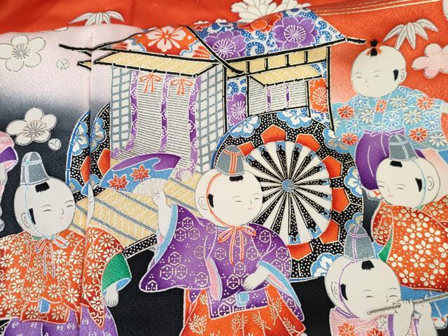 平和屋着物[]七五三 女の子 子供 祝着 駒刺繍 唐子 御所車花文 暈し染め 金銀彩 仮絵羽 逸品 未使用 DABE7318ma