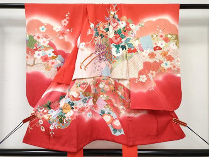 平和屋着物[]七五三　女の子　３歳　祝着　三つ身　花車文　暈し染め　金銀彩　逸品　DABE7321ma