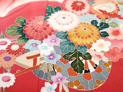 平和屋着物[]七五三　女の子　３歳　祝着　三つ身　花車文　暈し染め　金銀彩　逸品　DABE7321ma