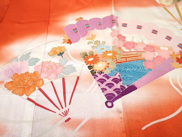 平和屋着物[]七五三　女の子　３歳　祝着　三つ身　長襦袢(袷・半衿刺繍)セット　檜扇御所車花文　暈し染め　金彩　逸品　DABE7323ma