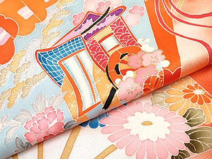 平和屋着物[]七五三　女の子　３歳　祝着　三つ身　長襦袢(袷・半衿刺繍)セット　檜扇御所車花文　暈し染め　金彩　逸品　DABE7323ma