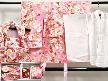 平和屋着物[]七五三　女の子　３歳　祝着　三つ身　長襦袢(単衣)・被布・小物セット　草花文　暈し染め　金彩　洗える着物　DABE7325ma