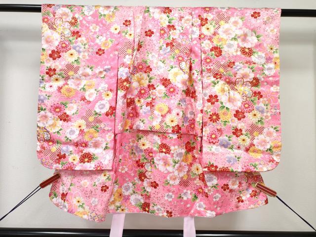 平和屋着物[]七五三　女の子　３歳　祝着　三つ身　長襦袢(単衣)・被布・小物セット　草花文　暈し染め　金彩　洗える着物　DABE7325ma