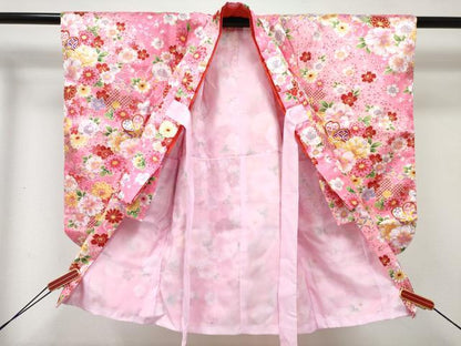 平和屋着物[]七五三　女の子　３歳　祝着　三つ身　長襦袢(単衣)・被布・小物セット　草花文　暈し染め　金彩　洗える着物　DABE7325ma