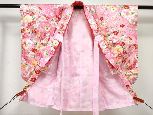 平和屋着物[]七五三　女の子　３歳　祝着　三つ身　長襦袢(単衣)・被布・小物セット　草花文　暈し染め　金彩　洗える着物　DABE7325ma