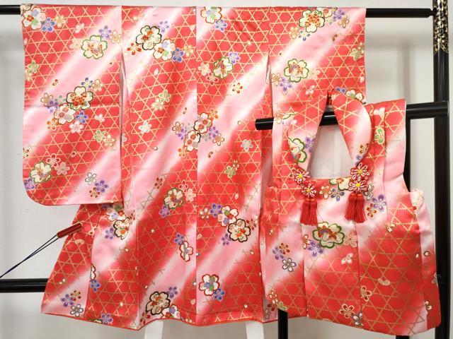 平和屋着物[]七五三　女の子　３歳　祝着　三つ身　被布セット　花蝶文　暈し染め　金彩　DABE7330ma