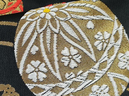 平和屋着物[]女の子　子供　全通柄袋帯　鞠花文　黒地　金糸　未使用　DABE7332ma