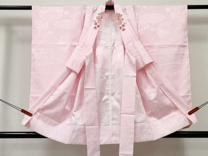 平和屋着物[]女の子 子供 長襦袢 無双仕立て 草花地紋 ピンク色 半衿刺繍 洗える着物 DABE7344ma