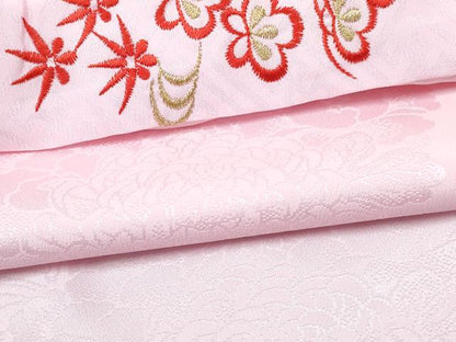 平和屋着物[]女の子 子供 長襦袢 無双仕立て 草花地紋 ピンク色 半衿刺繍 洗える着物 DABE7344ma