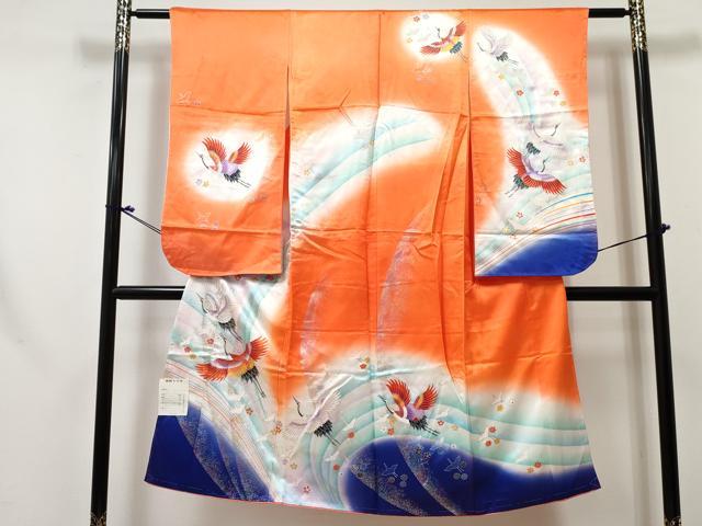 平和屋着物[]七五三 女の子 ７歳 祝着 四つ身 飛鶴花文 暈し染め 金銀彩 未使用 DABE7348ma