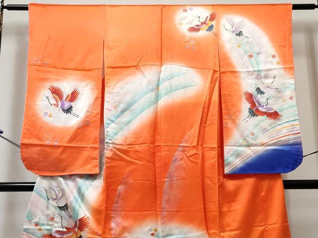 平和屋着物[]七五三 女の子 ７歳 祝着 四つ身 飛鶴花文 暈し染め 金銀彩 未使用 DABE7348ma