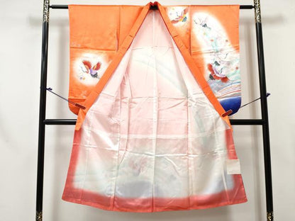 平和屋着物[]七五三 女の子 ７歳 祝着 四つ身 飛鶴花文 暈し染め 金銀彩 未使用 DABE7348ma