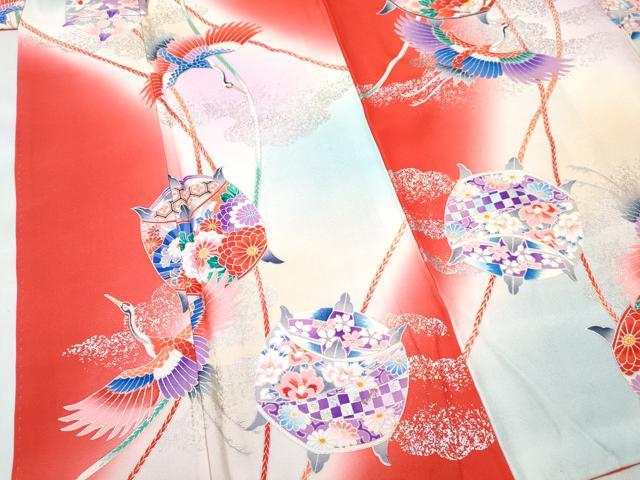 平和屋着物[]七五三 女の子 ７歳 祝着 四つ身 糸車飛鶴花文 暈し染め 金銀彩 逸品 DABE7349ma