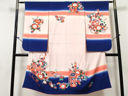 平和屋着物[]七五三 女の子 ７歳 祝着 四つ身 貝桶地紙花文 暈し染め 銀彩 逸品 DABE7350ma