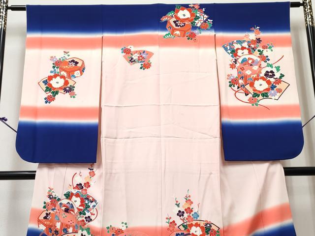 平和屋着物[]七五三 女の子 ７歳 祝着 四つ身 貝桶地紙花文 暈し染め 銀彩 逸品 DABE7350ma