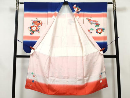 平和屋着物[]七五三 女の子 ７歳 祝着 四つ身 貝桶地紙花文 暈し染め 銀彩 逸品 DABE7350ma