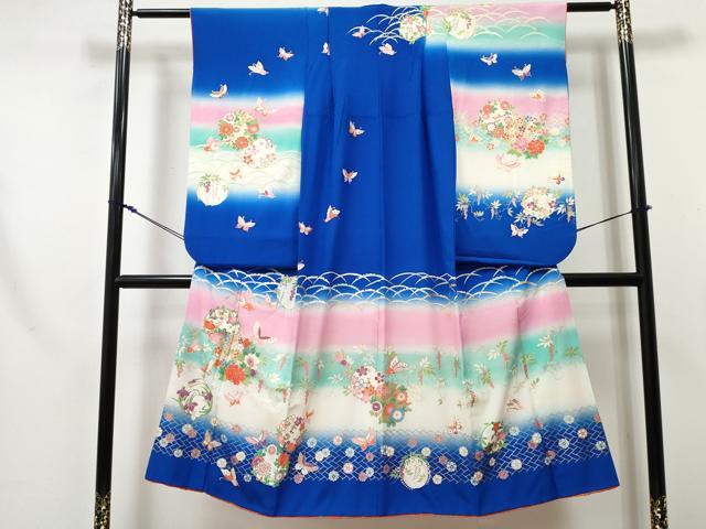 平和屋着物[]七五三 女の子 ７歳 祝着 四つ身 花蝶丸文 暈し染め 金銀彩 逸品 DABE7351ma